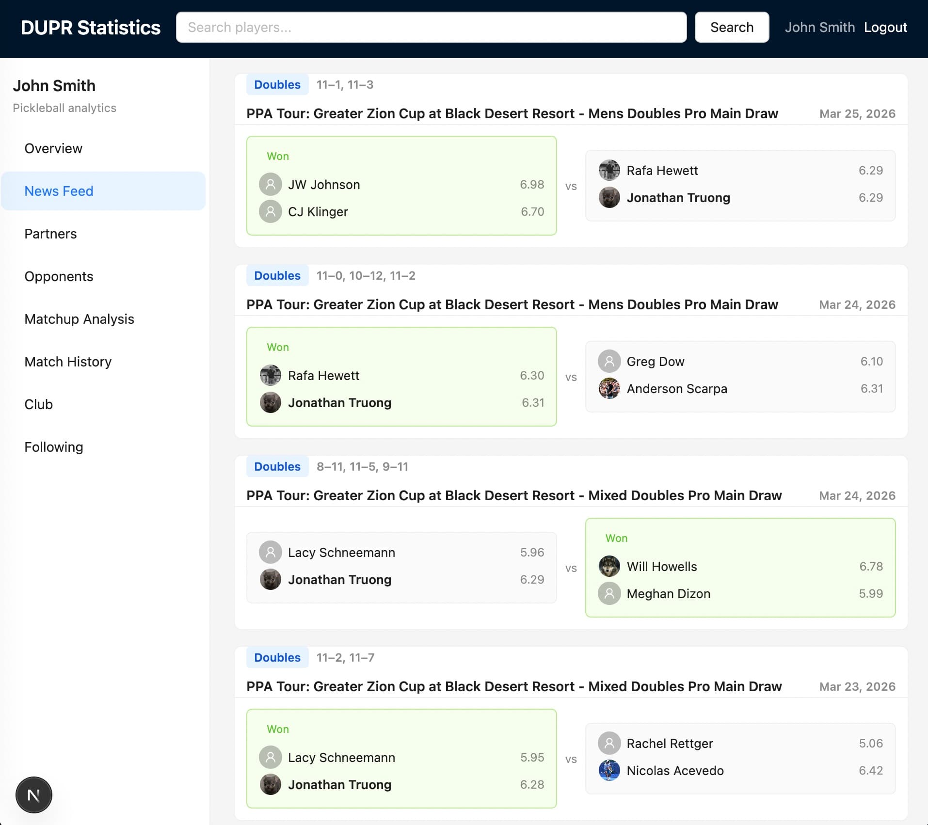Newsfeed showing recent matches from followed players